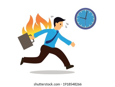 Running businessman on fire isolated on a white background. Concept of punctuality; Business concept vector illustration.