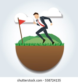 running businessman on the green field and golf flag. reach to success. Business concept