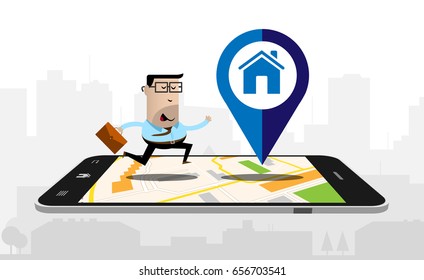 Running businessman on a smartphone with a map displayed