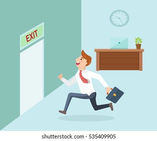 Running businessman and open door exit. Businessman running exit door sign he get off work.