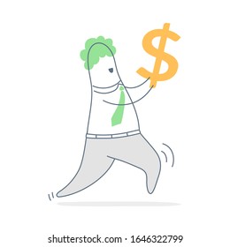 Running businessman share info about refer a friend to earn cash money. He carries a dollar sign in his hands. Concept of referral marketing. Flat line clean UI UX vector illustration on white.