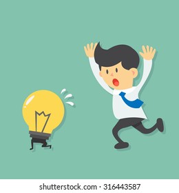 Running Businessman trying to catch light bulb idea. flat design vector