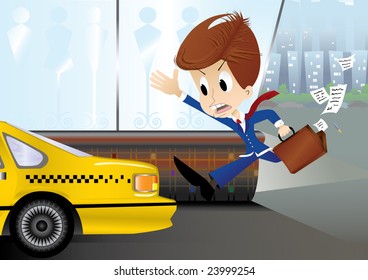 running businessman are trying to catch a taxi(vector, CMYK)