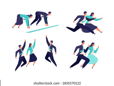 Running businessman and woman in suits.  Active poses of business people. Isolated vector illustration characters in flat style. 