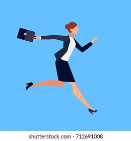Running businesswoman in a flat style isolated on blue background. Business lady with a briefcase in her hand is late and in a hurry. Vector illustration.
