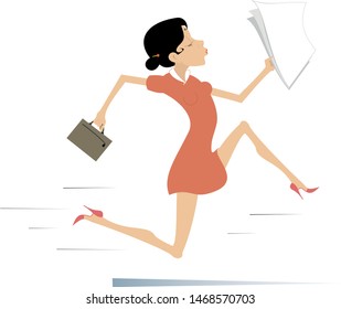 Running businesswoman isolated illustration. Young woman with bag and papers runs for business
