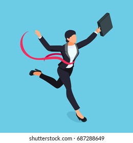 Running businesswoman isolated on blue background. Isometric business lady is the winner of the competition. 3d business woman with a torn red ribbon on her chest. Vector illustration.