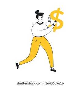 Running businesswoman share info about refer a friend to earn cash money. She carries a dollar sign in her hands. Concept of referral marketing. Flat line clean UI UX vector illustration on white.