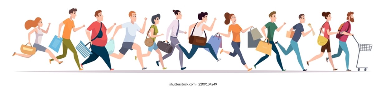 Running buyers. Casual clothes persons male and female running with shopping carts and packages products for fast purchase exact vector concept of sales and market
