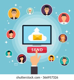 Running campaign, email advertising, direct digital marketing. Set of people avatars and icons. Flat design style modern vector illustration concept.