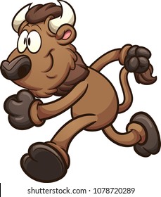 Running Cartoon Bison. Vector Clip Art Illustration. Some Elements On Separate Layer. 
