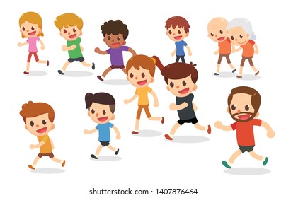 Running cartoon characters. Marathon runners in various ages. Fun run. - Powered by Shutterstock - Get 15% off with code: PIKWIZARD15