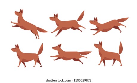 Running Cartoon Dog Animation Sprite Sheet Vector Set Isolated. Doggy Friendly Run Process, Animal Funny And Playful Illustration