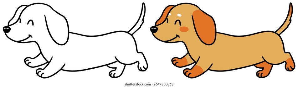 Running Cartoon Dog Coloring Page with Colored Version – Cute Puppy Illustration for Kids