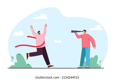 Running cartoon man with finish line ribbon. Male character looking at runner through spyglass flat vector illustration. Victory, success, competition concept for banner or landing web page