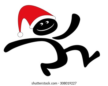 Running cartoon smiling little man in Christmas Santa hat