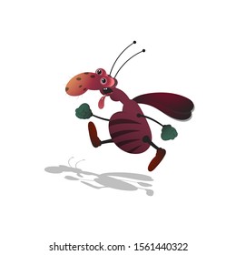running cartoon striped cockroach with bulging eyes. Isolated illustration on a white background with a shadow.