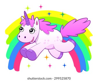 Running cartoon unicorn against the rainbow. Vector illustration.