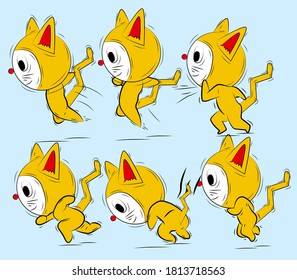 running cat illustration with japan kawaii doodle concept