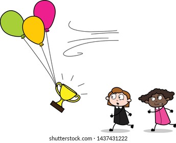 Running to Catch the Trophy - Retro Office Girl Employee Cartoon Vector Illustration