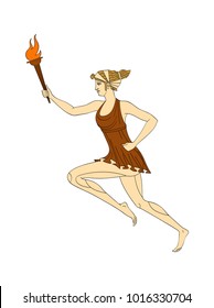 Running caucasian woman with a burning torch in her hand in a Greek style. Vector. Isolated on white background