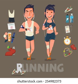 Running character with kits . male and female. sport concept - vector illustration