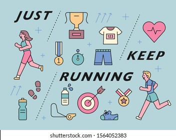 Running character and object icons. Banner poster design composition. 
 flat design style minimal vector illustration.