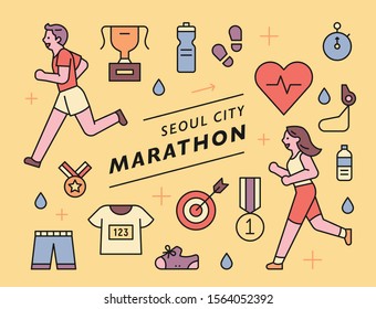 Running character and object icons. Banner poster design composition. 
flat design style minimal vector illustration. 