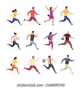 Running characters. Cartoon people wearing casual and sport clothes running and jogging, hurry men and women. Vector set. Female and male athletes exercising, employees late for work