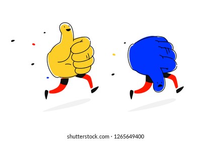 Running characters Like and Dislike. Vector. Flat style. Cute heroes, mascots of companies. Icons for social networks. Thumb up and thumb down. Positive and negative.