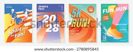 Running charity 5K event poster vector set. Colorful fun run marathon flyer templates with athlete illustration, race track, sport typography and fitness design for banner, invitation and promotion.