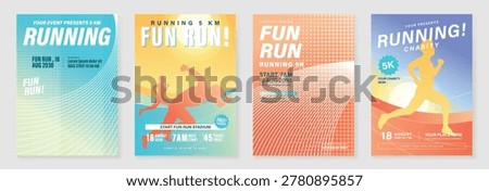 Running charity 5K event poster vector set. Colorful fun run marathon flyer templates with athlete illustration, race track, sport typography and fitness design for banner, invitation and promotion.