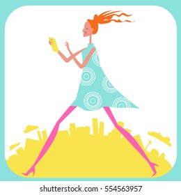 Running chatting girl in the city. Flat illustration.