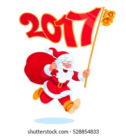 Running cheerful Santa Claus with a big red bag and a flag. The New Year's flag formed by red numbers '2017' and decorated with golden Jingle Bells. The funny festive character on a white background.
