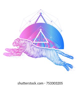 Running cheetah color tattoo, line art. Jumping panther, mystical tattoo, sacred geometry. Sign hunting, travel, tourism