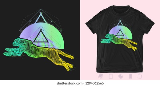 Running cheetah. Modern print for t-shirts and another, trendy apparel design. Jumping panther, mystical sacred geometry. Sign hunting, travel, tourism 