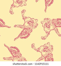 Running cheetah seamless pattern. Hand drawn vector pattern isolated on background. African motive for textile, fabrics, wrapping paper, wallpaper.  