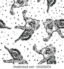 Running cheetah seamless pattern. Hand drawn vector pattern isolated on background. African motive for textile, fabrics, wrapping paper, wallpaper. 
