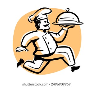 Running chef with dish logo. Emblem for restaurant or cafe menu design. Cooking vector illustration