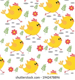 Running chickens pattern with flowers and butterflies, color vector illustration on white background, print textile