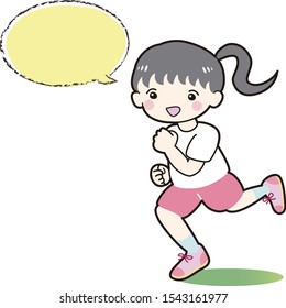 Running child girl with speech bubble smile, cheerful pink