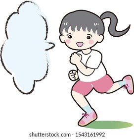 
Running child girl with speech bubble smile, cheerful pink