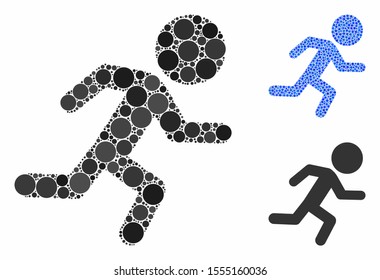 Running child mosaic of spheric dots in variable sizes and color tinges, based on running child icon. Vector dots are composed into blue mosaic. Dotted running child icon in usual and blue versions.