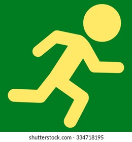Running Child vector icon. Style is flat symbol, yellow color, rounded angles, green background.