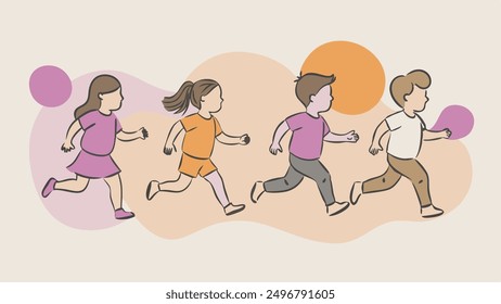 running children vector illustration, group of active kids playing clipart graphic illustration