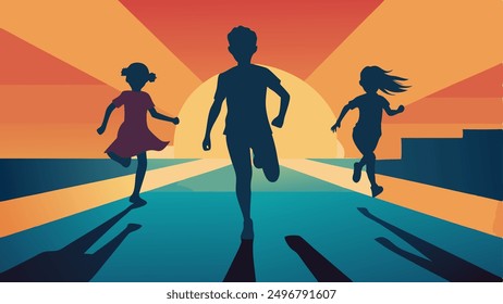 running children vector illustration, group of active kids playing clipart graphic illustration