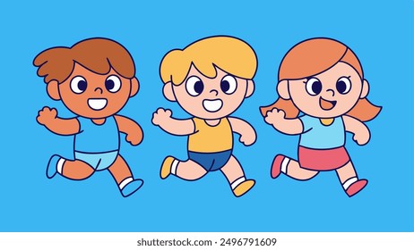 running children vector illustration, group of active kids playing clipart graphic illustration