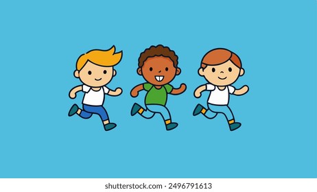 running children vector illustration, group of active kids playing clipart graphic illustration