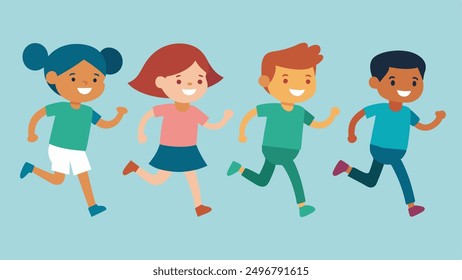 running children vector illustration, group of active kids playing clipart graphic illustration