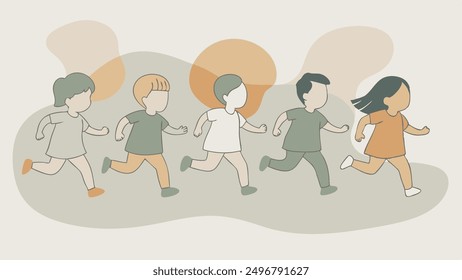 running children vector illustration, group of active kids playing clipart graphic illustration